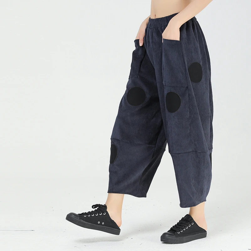 

Waist High Elastic Gray Polka Dot Patch Corduroy Trousers New Loose Fit Pants Women Fashion Spring Autumn 2021 1DD2112