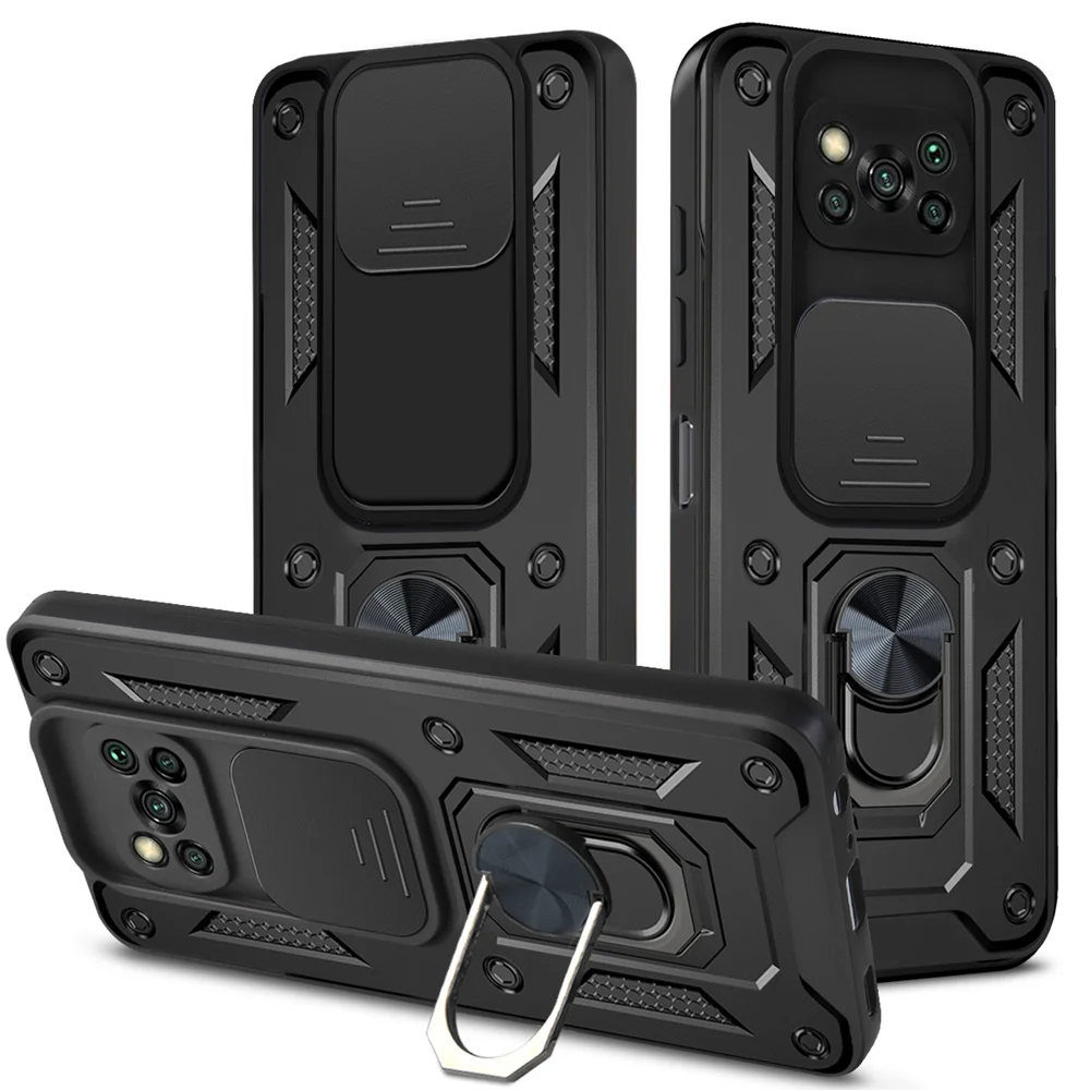 

KEYSION Shockproof Armor Case for Xiaomi POCO X3 NFC Ring Stand Push Pull Camera Protection Phone Cover for POCO X3 Pro M3 Pro