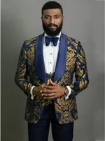 Handsome Navy With Gold Paisley Groom Tuxedos Men's Evening Dress Toast Suit Party Blazer Clothes (Jacket+Pants+Vest+Tie) NO:088
