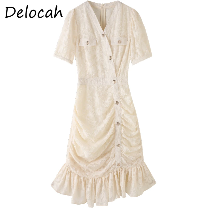 

Delocah Women Summer Fashion DesignerParty Mermaid Dress Ruffles Lace Short Sleeve High Waist Elegant Bodycon Ladies Midi Dress