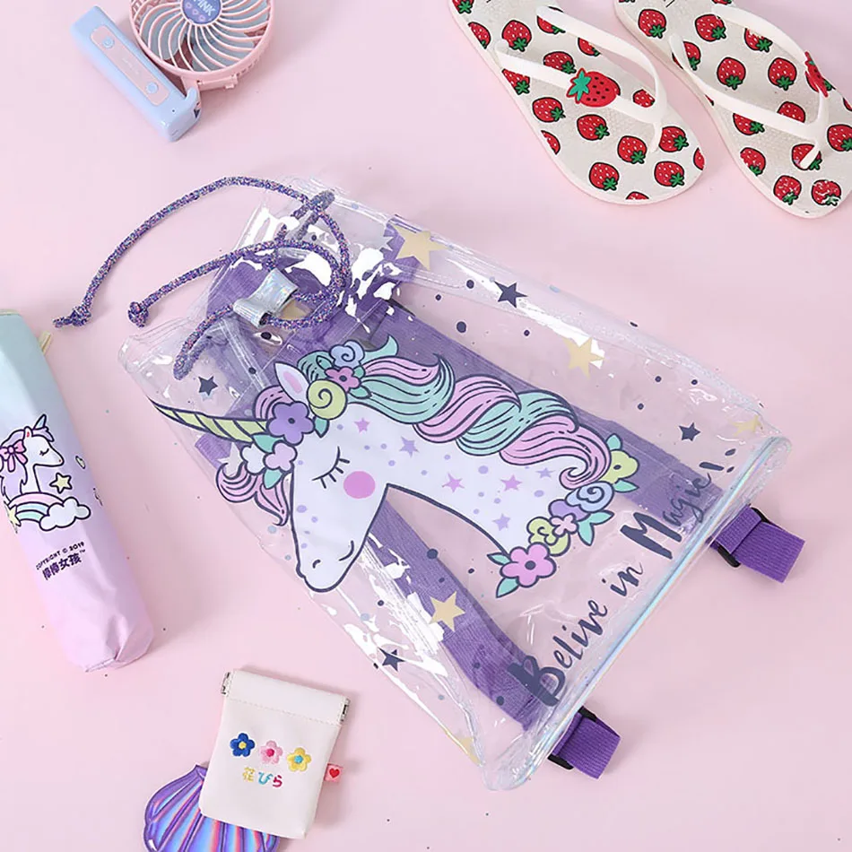 

Summer PVC Unicorn Backpacks for Children Cartoon Transparent Drawstring Shoulders Bag Girls Beach Swimming Storage Back Pack