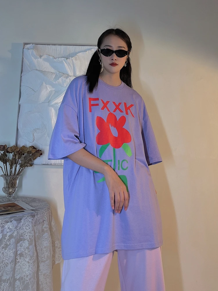 

Retro flower letter Street short sleeve T-shirt women relaxed summer salt ins net red tees