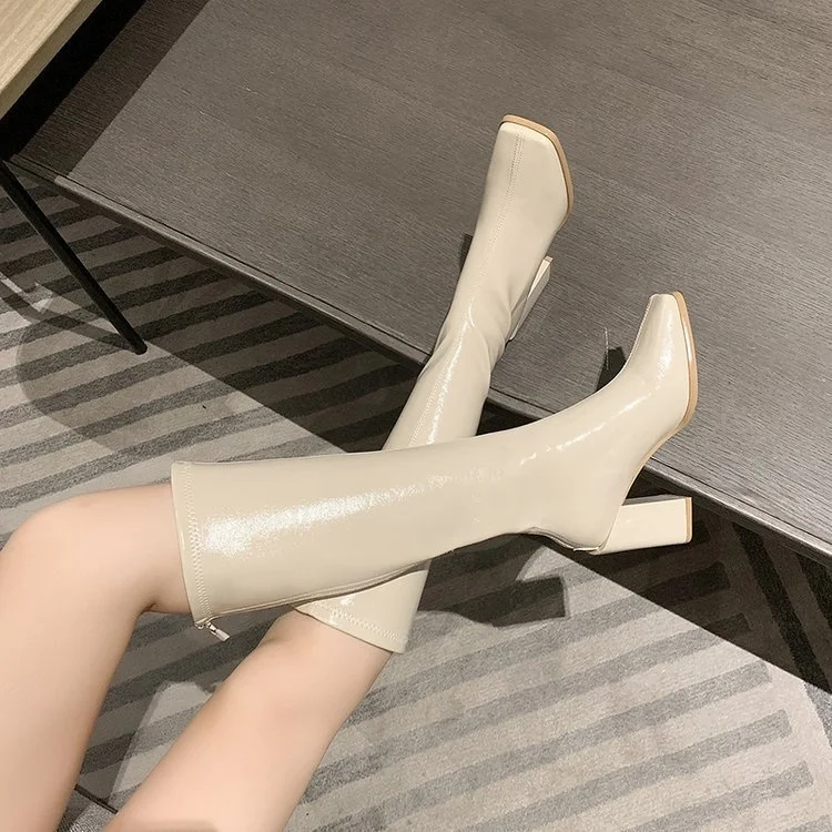 Женские лакированные кожаные сапоги до колена новинка зимы 2021 теплые высокие на