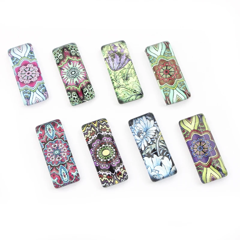 

7style 20pcs Mix Flower/tree Photo Rectangle 10x25mm Glass Cabochon DIY Flatback Cameo Jewelry For Bracelets Necklace Making