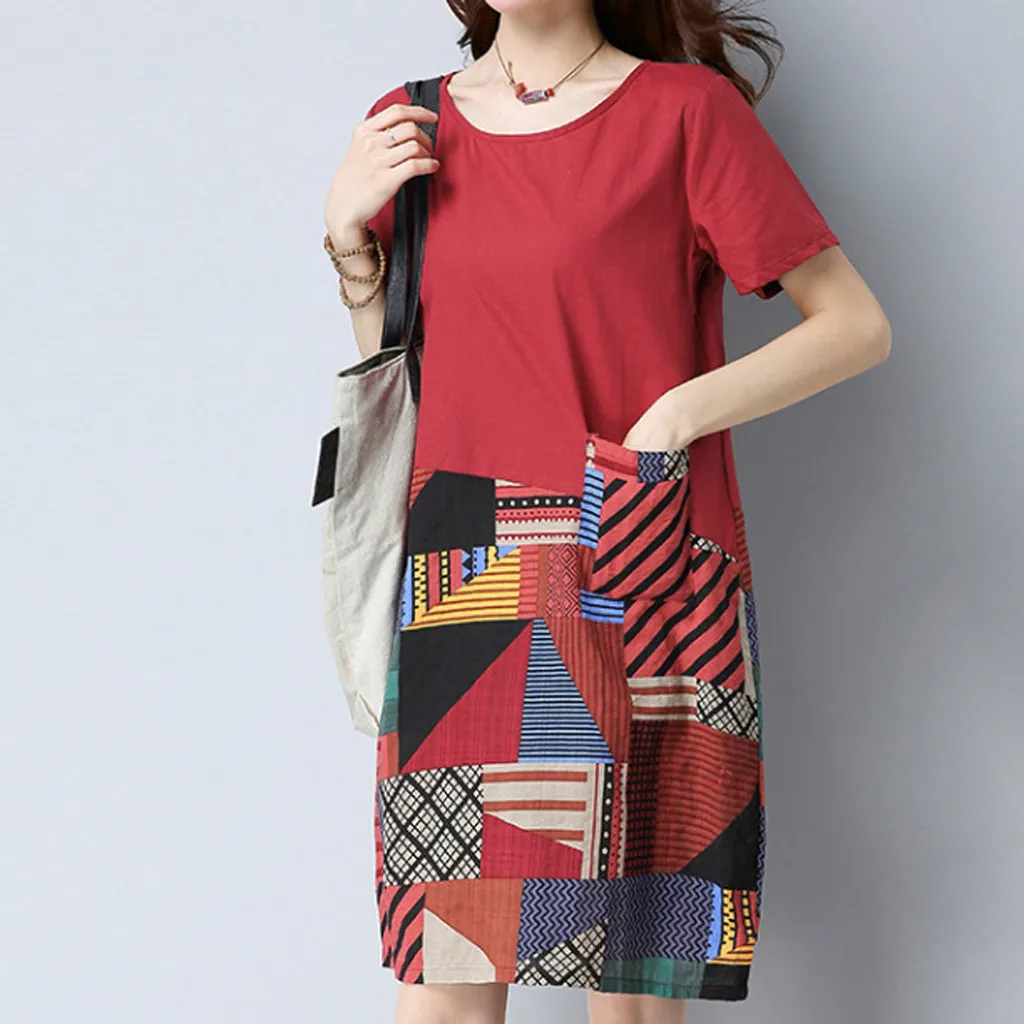 Женское винтажное платье повседневное хлопково-льняное с круглым вырезом в