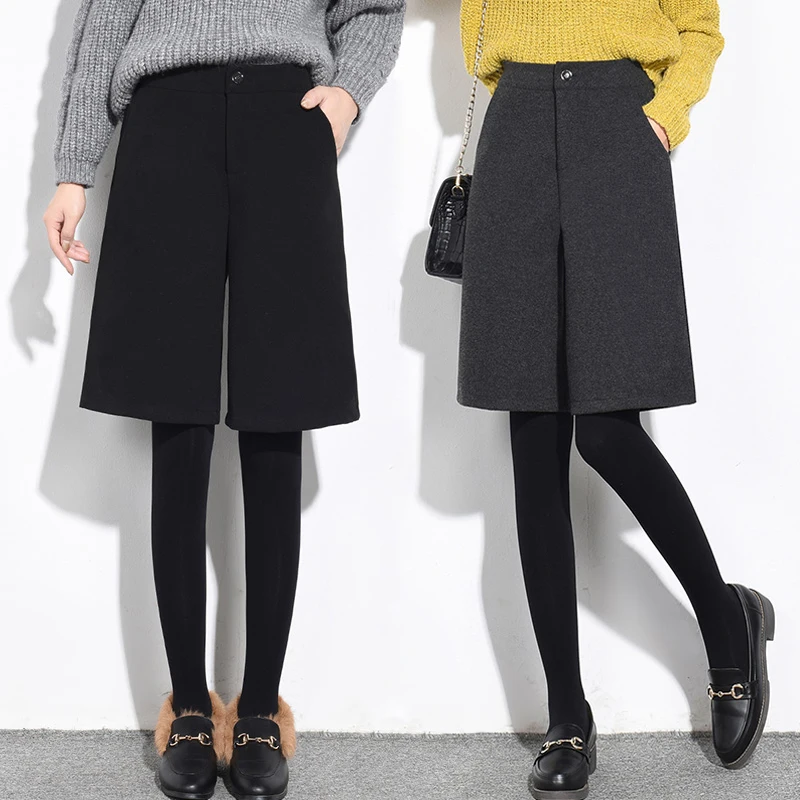 Wide Leg Half Long High Waist Women Shorts Autumn Winter Fashion All-match Wool Shorts Female Casual Black Gray Woolen Shorts