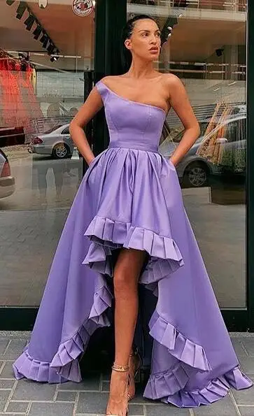 Picture color Платье на одно плечо с высоким низким вырезом для выпускного вечера, новинка года, лавандовые атласные вечерние короткие платья, спереди, длинные, сзади, с оборками, края, платья для выпускного вечера - Цвет: Picture color