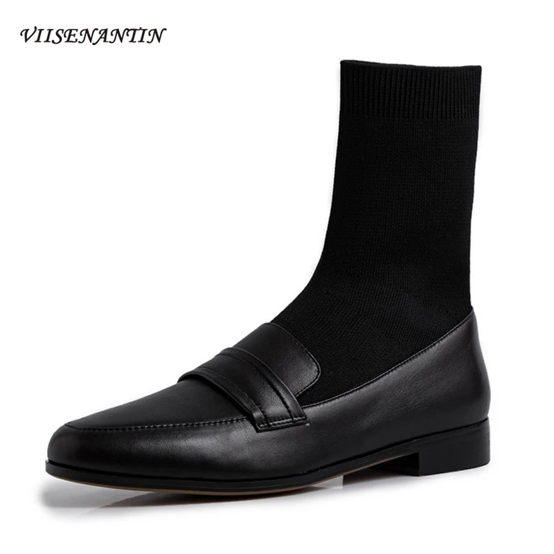 

Ботинки на плоской подошве в британском студенческом стиле, осенне-зимние вязаные эластичные ботинки с круглым носком, повседневные универ...