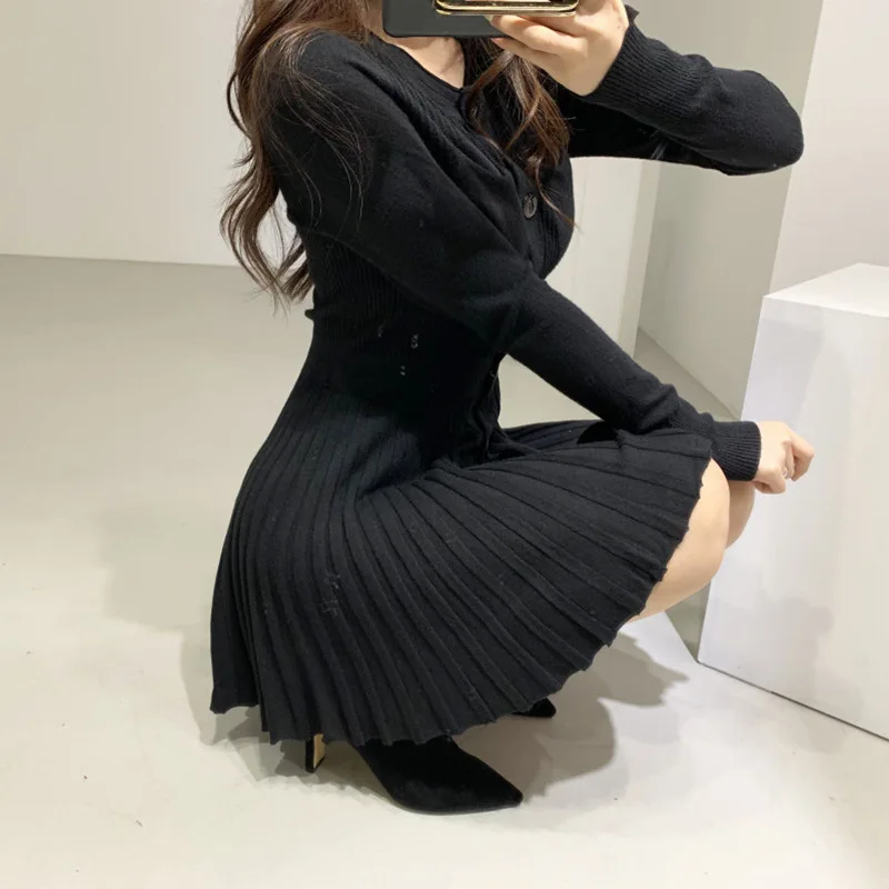 

Woman Gray Knitting Dress o Neck Button Slim Waist Sexy Long Sleeve Sukienka Fall Winter Party Elegant Short Dresses Vestidos