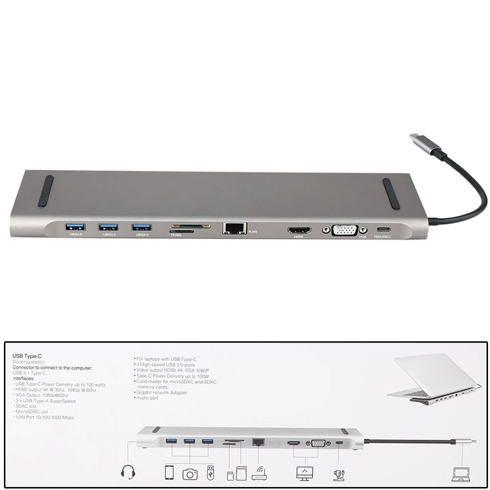 Type C usb-хаб 3 0 10 в 1 мульти USB док-станция для HDMI 4K VGA адаптер RJ45 Lan Ethernet TF SD Reader USB-C c Macbook