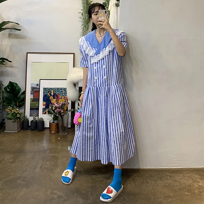 

Korean Chic Western Style Youthful-Looking Lace Lapel Double Breasted Loose Long Large Hem Striped Dress for Women