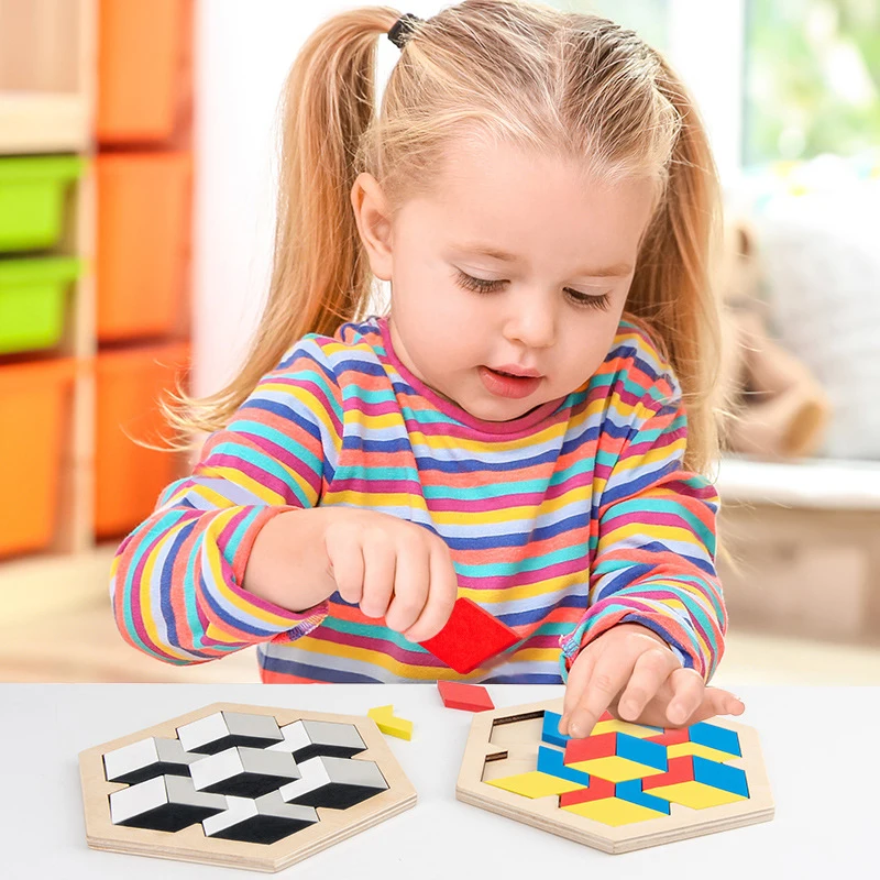 

Kids Wooden Hexagon Tangram Puzzle Three-Dimensional Jigsaw Tangrams Education Brain Teaser Build Blocks Toys For All Ages Gifts
