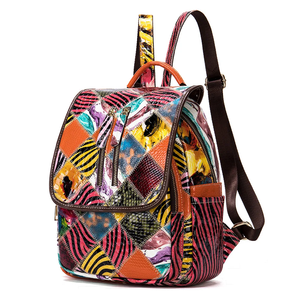 

Multicolor Patchwork Genuine leather Women's Backpack Unique Designer Shoulder Bag Casual Fashion Backpack mochila feminina