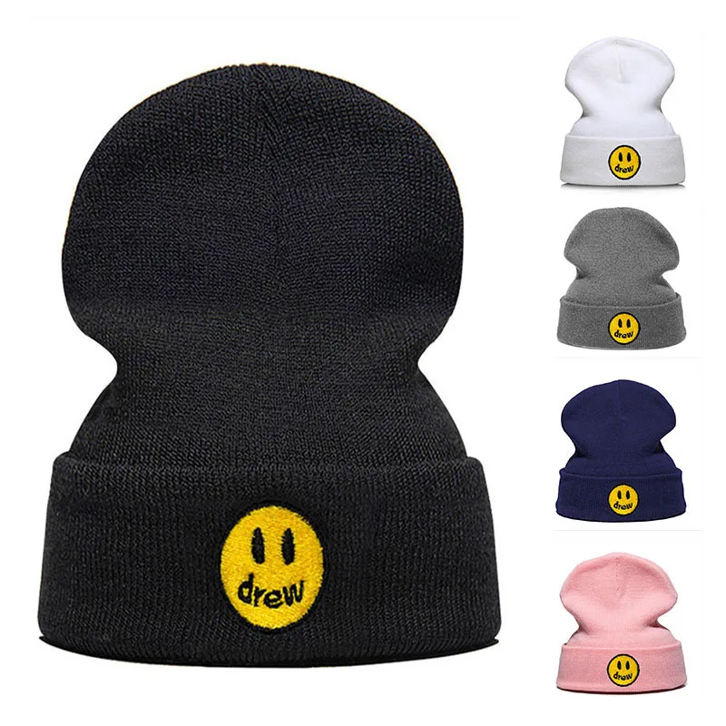 

Knitted Beanie Cap Winter Girls Korean Velvet Warm Wool Skullies Hat Hairball Smiling Face Women's Ladies Caps