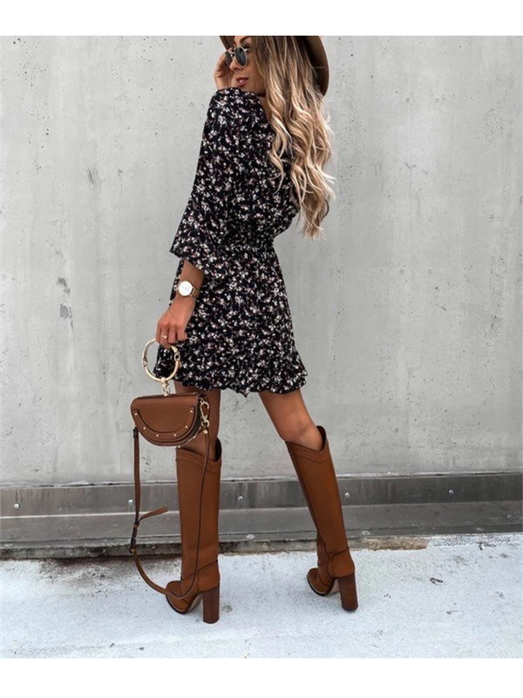 

Ruffles Floral Print Dress Women Square Collar Long Sleeve A Line Slim Female Boho Mini Party Dresses Holiday Casual Vestidos