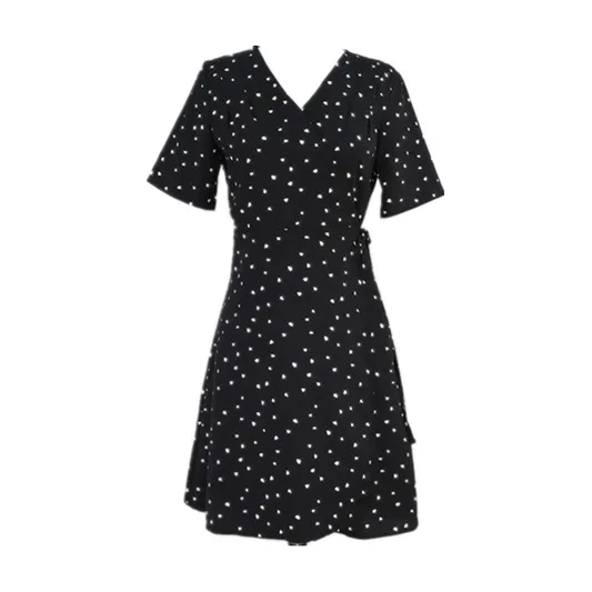 2020 Girl's love print one-piece V-neck dress waist slim Korean version of the chic ruffle A-line | Женская одежда