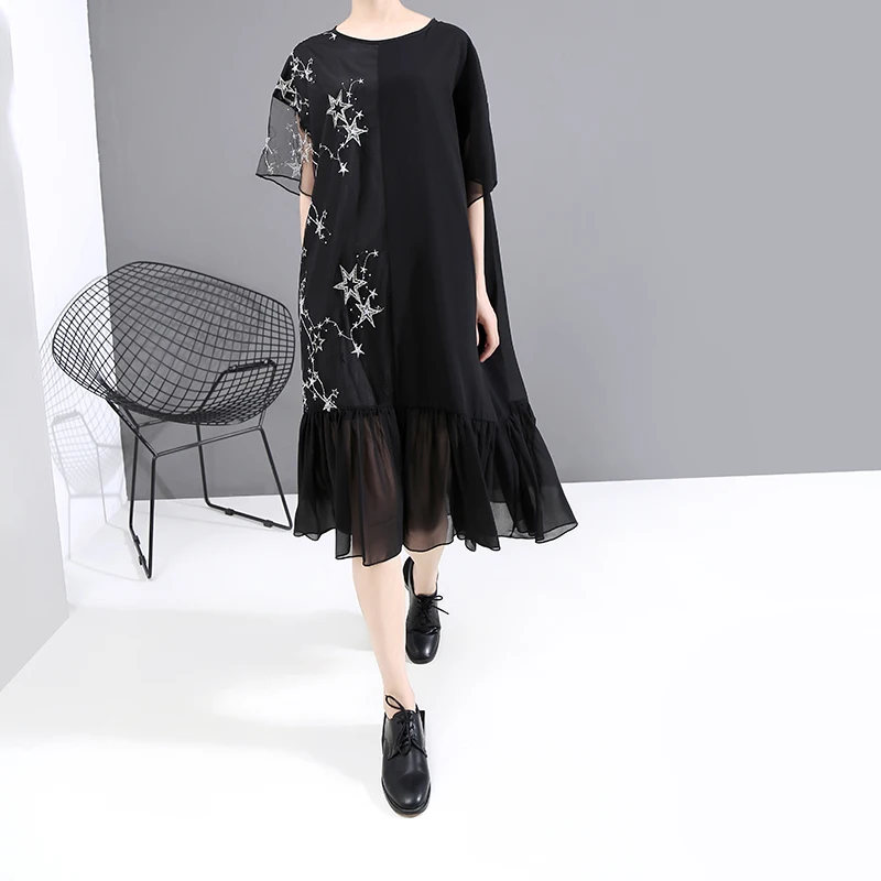 Женское платье с вышивкой в виде звезд черное Повседневное из шифона средней