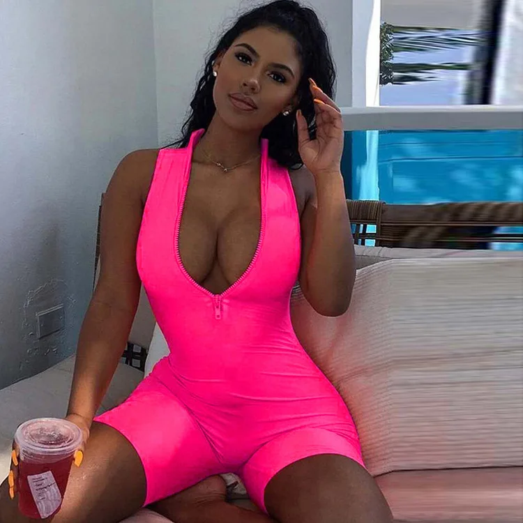 

Sexy Neon Color Deep V Neck Zipper Up Night Party Club Bodycon Jumpsuit Women Outfit Playsuit Street Rompers Sportwear Fitness