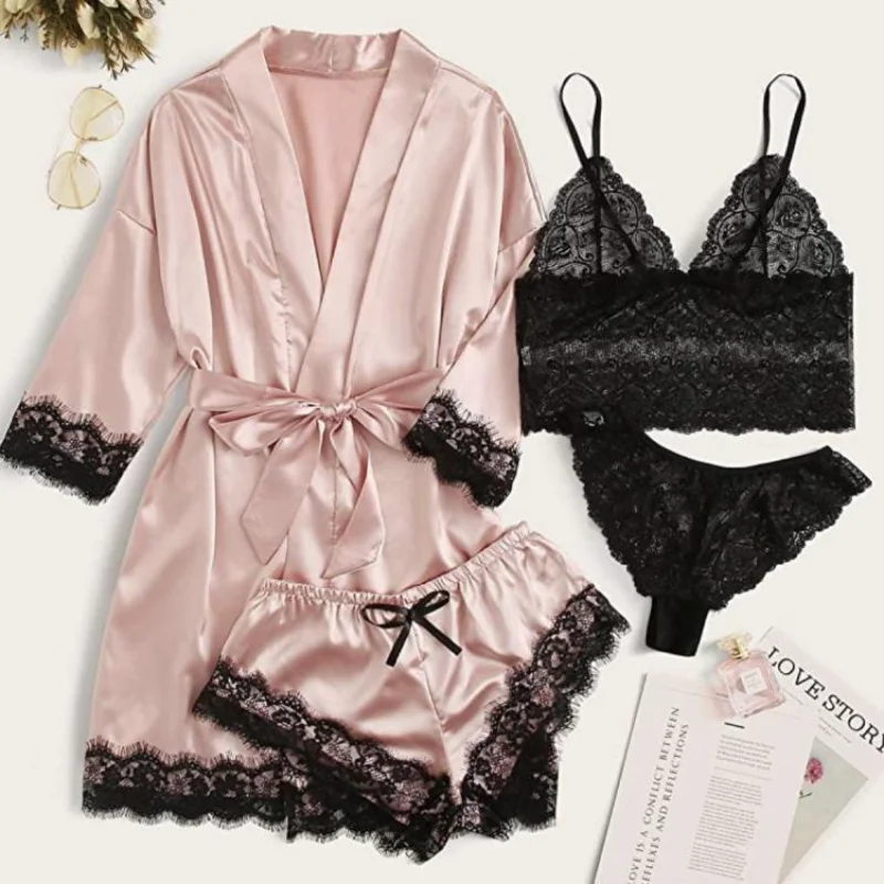 

Women's Sleepwear 4pcs Floral Lace Trim Satin Cami Pajama Set with Robe Sexy Satin Silk Lace Sleepwear Slip Dress Top Shorts