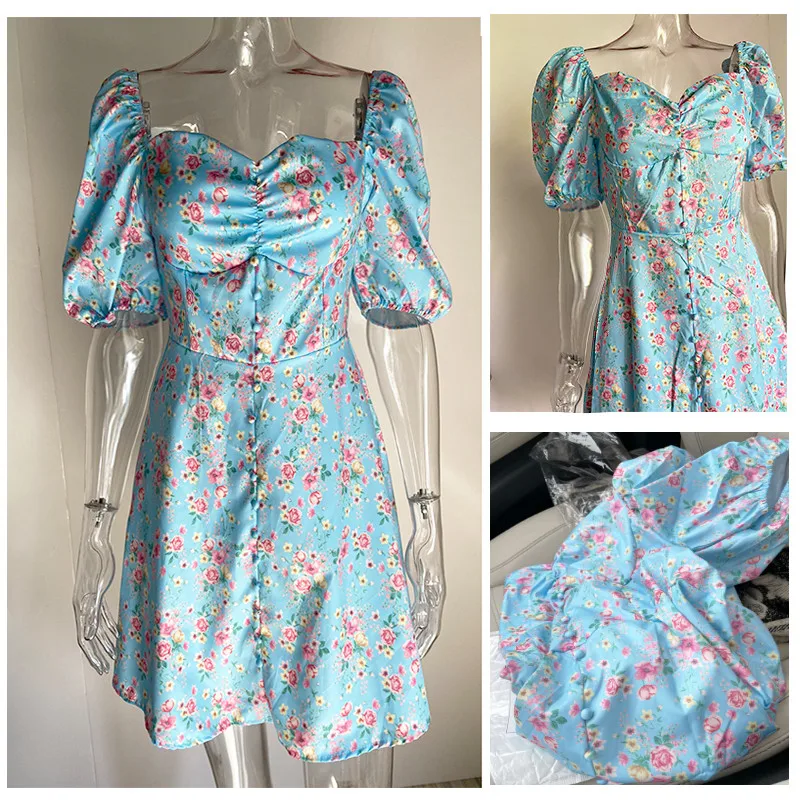

FAKUNTN Summer Women's Vintage Floral Dress 2021 Short Puff Sleeve Plus Size Sexy Casual Mini Dresses For Women Party Sundress