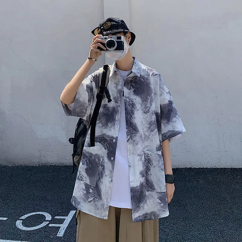 

Summer Tie-dye Shirts Men's Fashion Printed Casual Shirts Men Streetwear Korean Loose Short-sleeved Shirts Mens Hawaiian Shirts