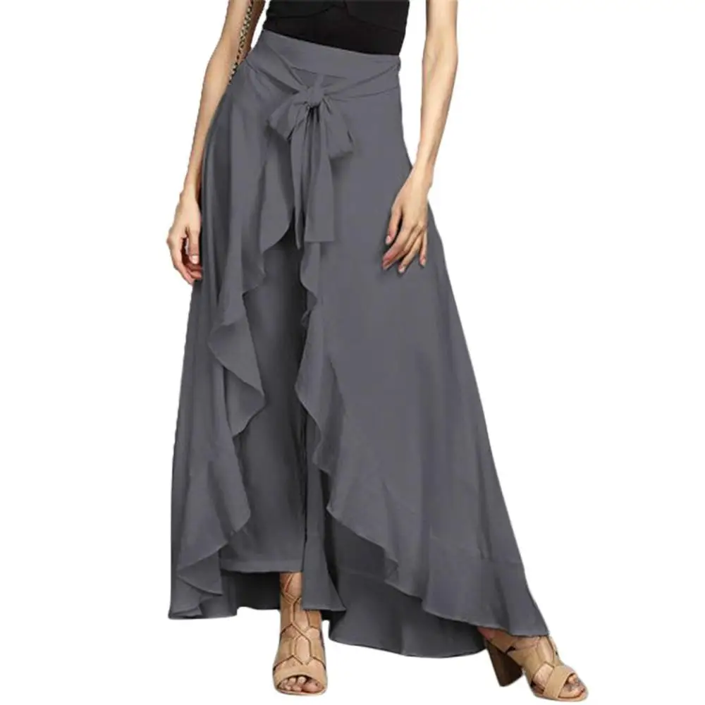 

Женские юбки с запахом, Новые повседневные модные темно-синие шифоновые свободные брюки с широкими штанинами и завязками на талии, цвет чер...