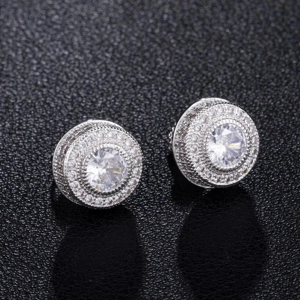 

Micro Full Paved Rhinestone Big Zircon CZ Stone Round Bling Iced Out Stud Earring Copper Hip Hop Earrings For Men Jewelry