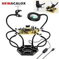 newacalox soldering third hand tool hot air gun frame with welding tip cleaning ball 3x led illuminated magnifier pcb holder