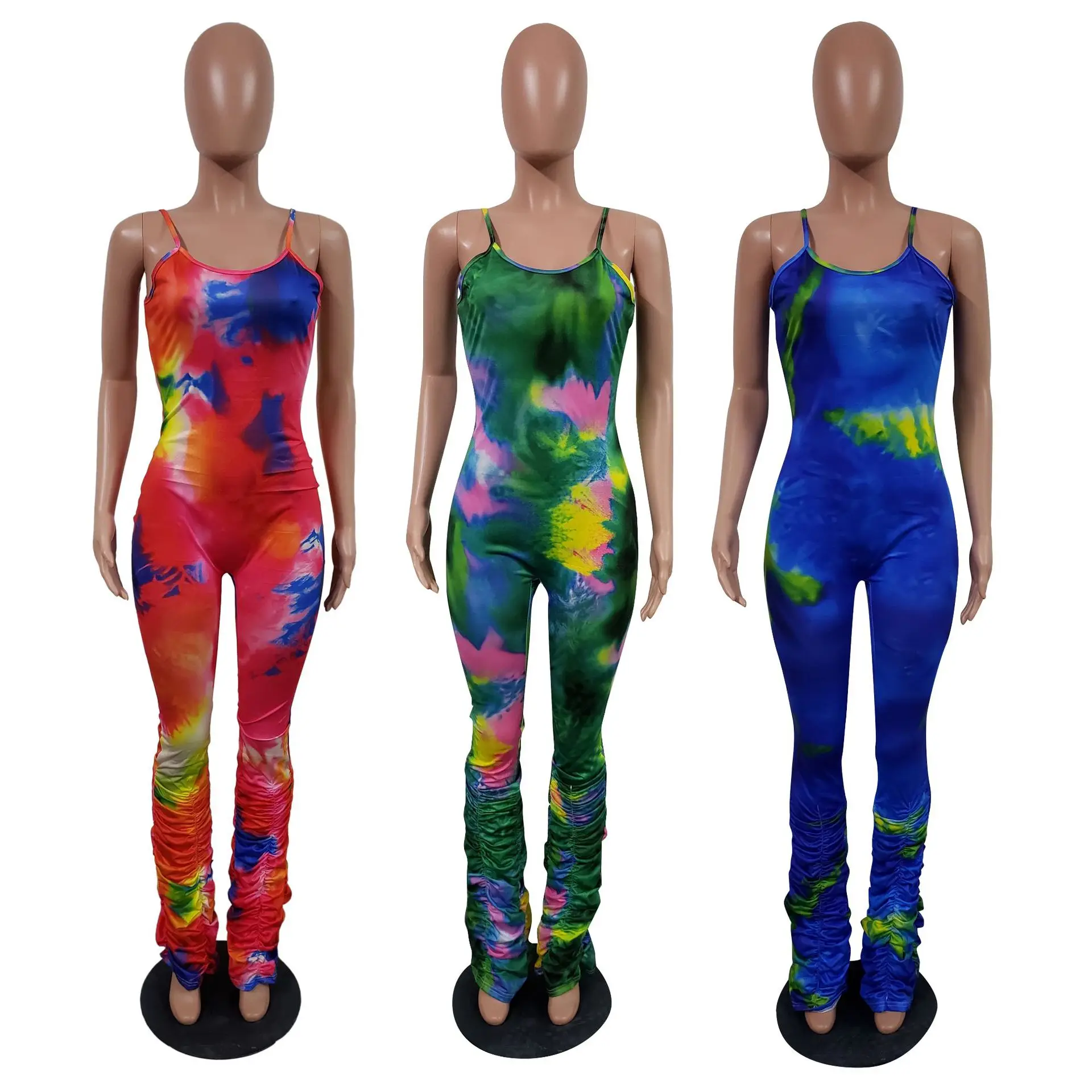 

Sexy Tie Dye Print Bodycon Jumpsuit Women Summer 2020 Lounge wear Sleeveless Stacked Liggings Pants Body Rompers Womens Jumpsuit