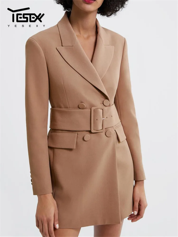 Женский двубортный Блейзер Yesexy куртка с поясом длинным рукавом и отложным