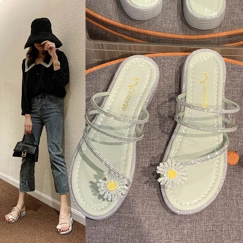 Fashion Summer Sandals The New Outside Toe Leisure Beach Shoes Solid Blingbling Wedges Slides Low 1cm-3cm Non-slip high quality