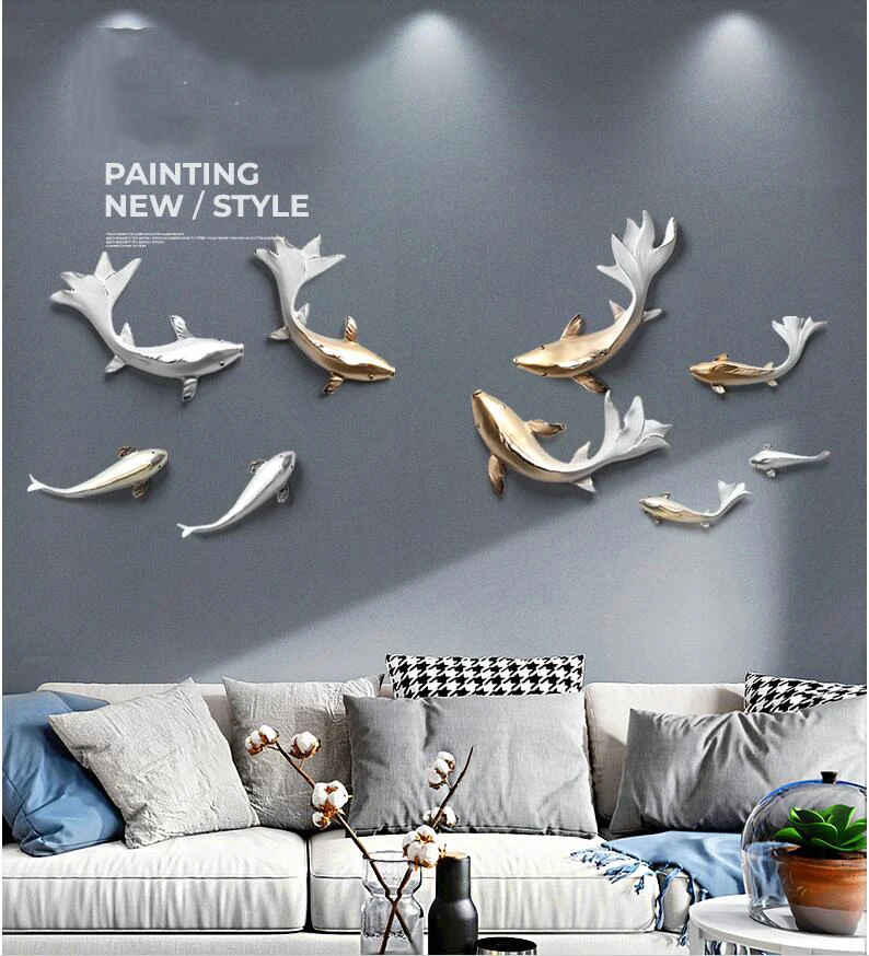 

New Chinese Luxury Resin Fish Group Wall Hanging Pendant Home Livingroom Background Wall Sticker Crafts Hotel Wall Mural Crafts