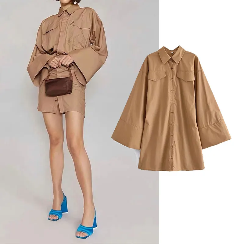 

Женское платье-рубашка с длинным рукавом Za, повседневное облегающее винтажное мини-платье с расклешенными рукавами, осень 2021