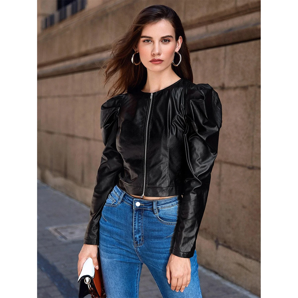 

Women Zip Up PU Leather Jacket, Leg-of-mutton Long Sleeve Cropped Coat, Solid Color Outfit for Autumn Winter