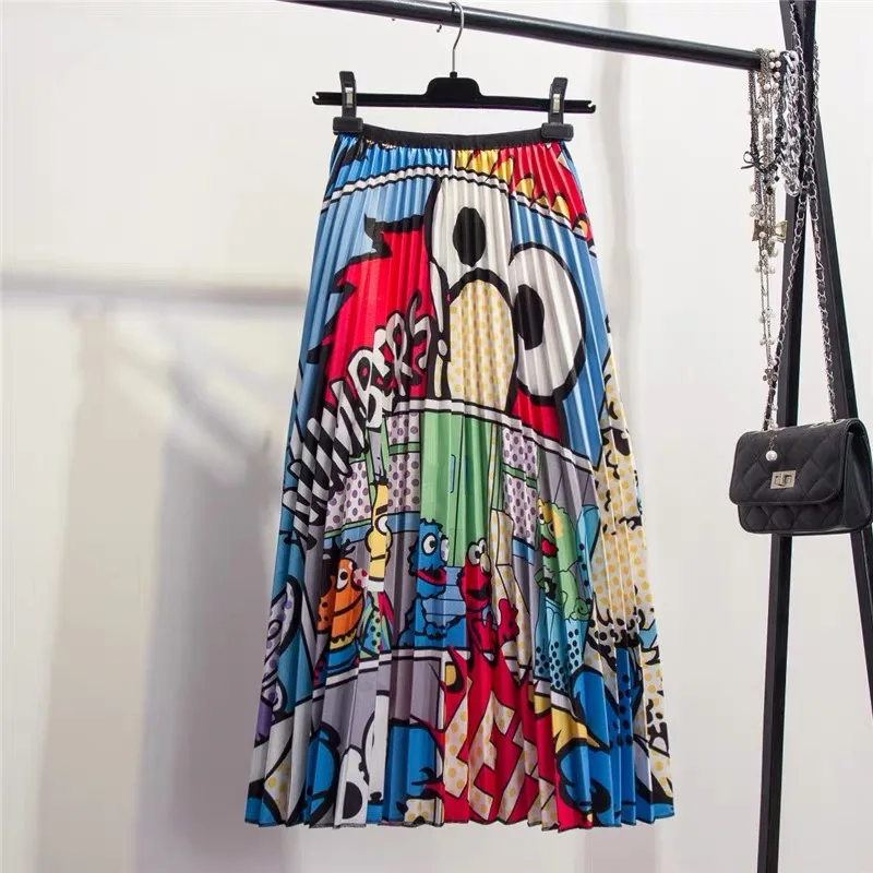 Beauty Cartoon Skirt Brand New 2020 Fashion Summer Skirts Womens High Waist Elastic White Midi Pleated Vintage Female | Женская одежда