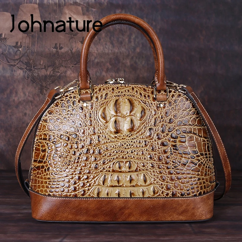 

Johnature Vintage Alligator Shell Luxury Handbags Women Bags 2022 New Genuine Leather Handmade Embossing Shoulder&crossbody Bags