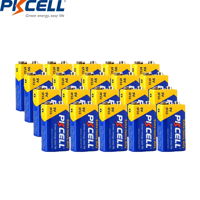 

20PC PKCELL 9V 6F22 Equal to CR9V ER9V 6LR61 batteries Extra heavy duty Carbon Zinc Battery 9 Volt Battery for Toy Remote Contro