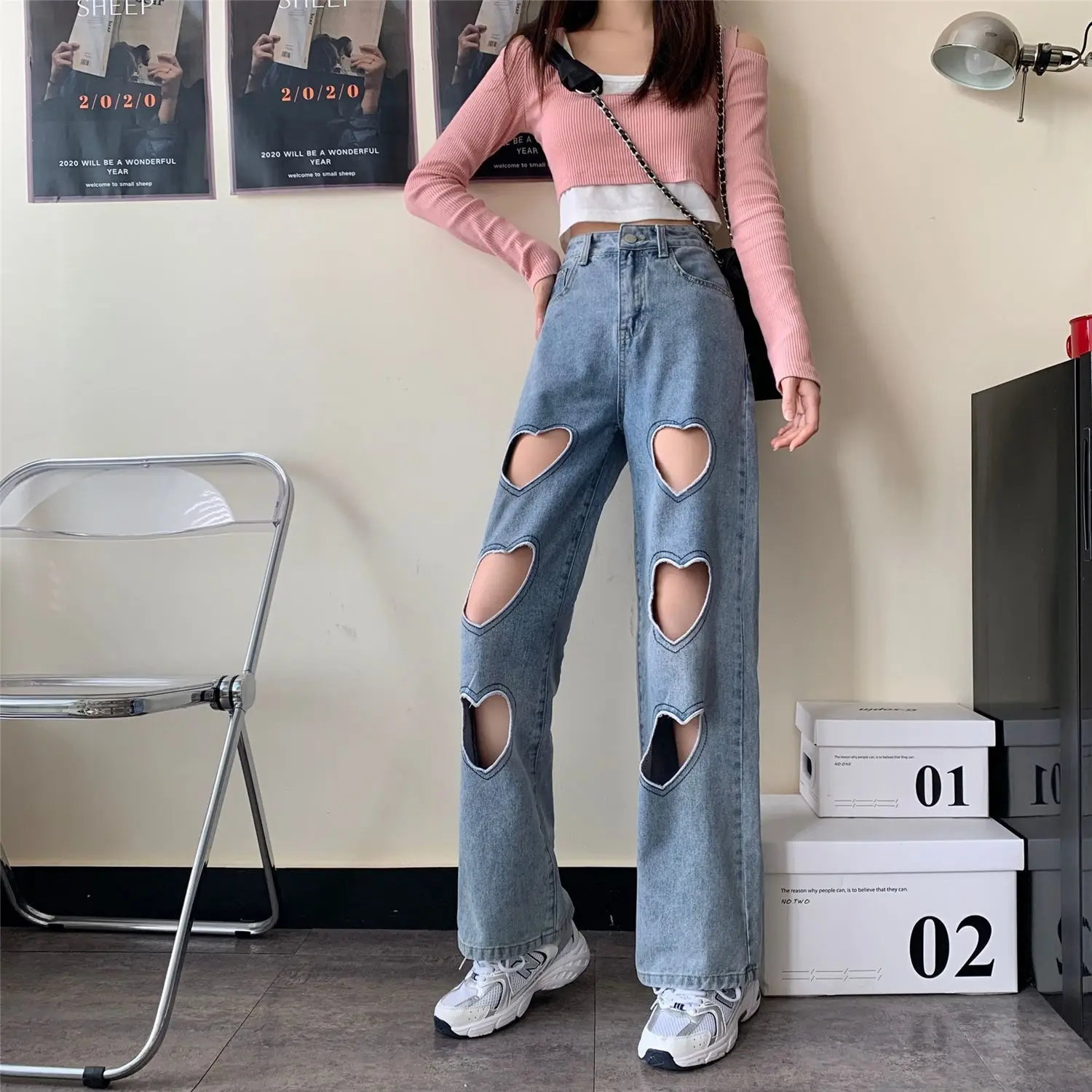 

Jeans women's fashion love high waist straight tube loose wide leg pants spring and autumn 2021 new pants show thin pants