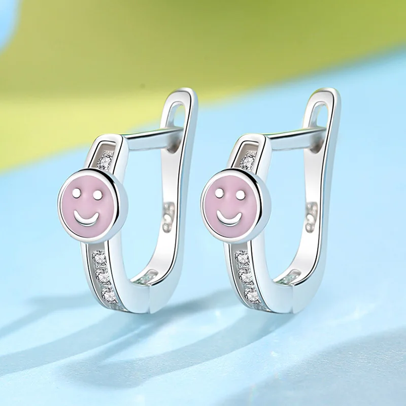 Pink Enamel Smile Face Children Earrings Authentic 925 Sterling Silver Clear CZ Hoop For Girls Kids Jewelry | Украшения и