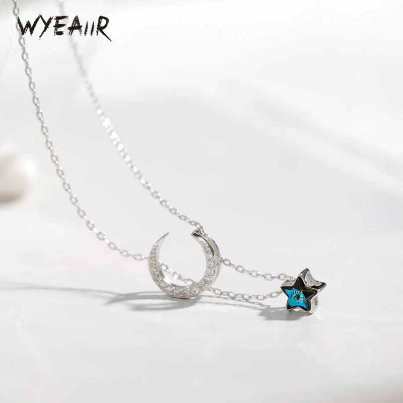 

WYEAIIR New Sweet Romantic Moon Blue Crystal Star Wild Art 925 Sterling Silver Clavicle Chain Female Necklace