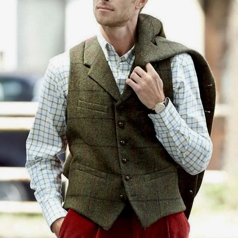 Мужской твидовый жилет армейского зеленого цвета приталенный клетчатый костюм с
