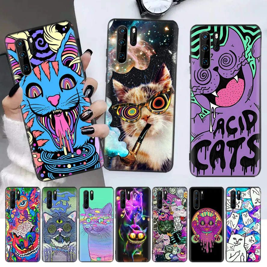 

Colourful Psychedelic Cat Trippy Black Phone Case For Huawei P30 Lite P20 Pro P40 P10 Mate 20 40 30 10 P Smart Z Plus Pattern