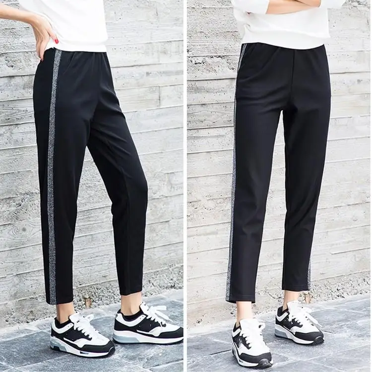 2019 Модные женские осенние свободные штаны в серебристую полоску повседневные