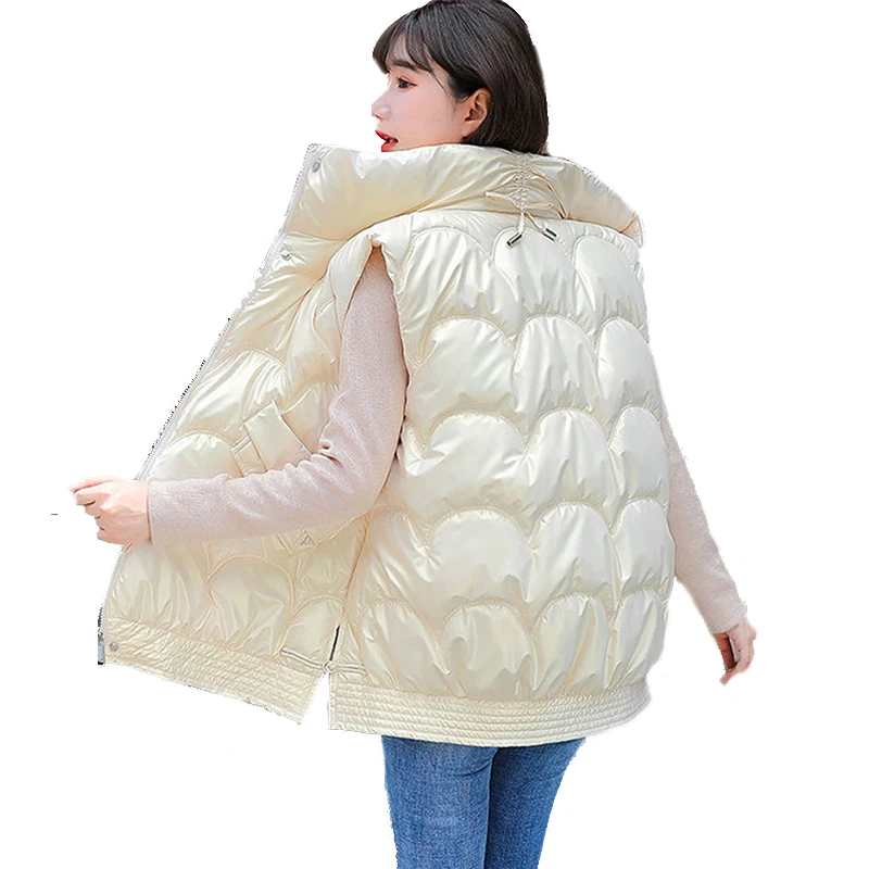 

2021 Autumn Winter Women's Cotton Down Vest Harajuku BF Loose Thick Sleeveless Glossy Windproof Vest Shiny Waistcoat