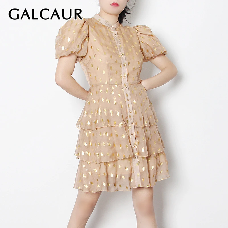 

GALCAUR Dot Dress For Women Stand Collae Puff Short Sleeve High Waist Hit Color Sequin Designer Dresses Female 2021 Summer New