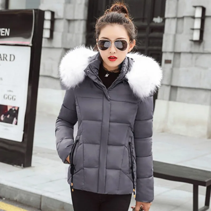 Gray-white collar Качественная зимняя куртка женские парки для пальто Модные женские пуховики с капюшоном с большим воротником из искусственного меха осеннее теплое пальто - Цвет: Gray-white collar