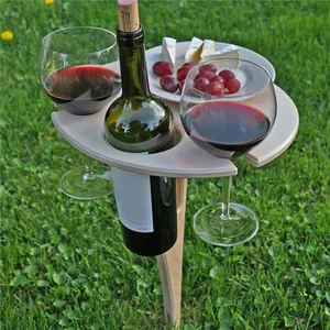Outdoor Wine Table with Foldable Round Desktop Mini Wooden Picnic Table Easy To Carry Wine Rack Support Dropshipping
