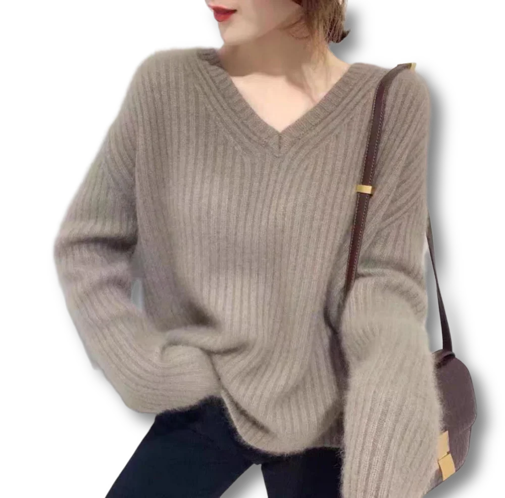 

Mohair Knitted Women Sweater And Pullovers V-Neck Long-Sleeved Loose Casual All Match Female Lady Elegant Pulls Tops