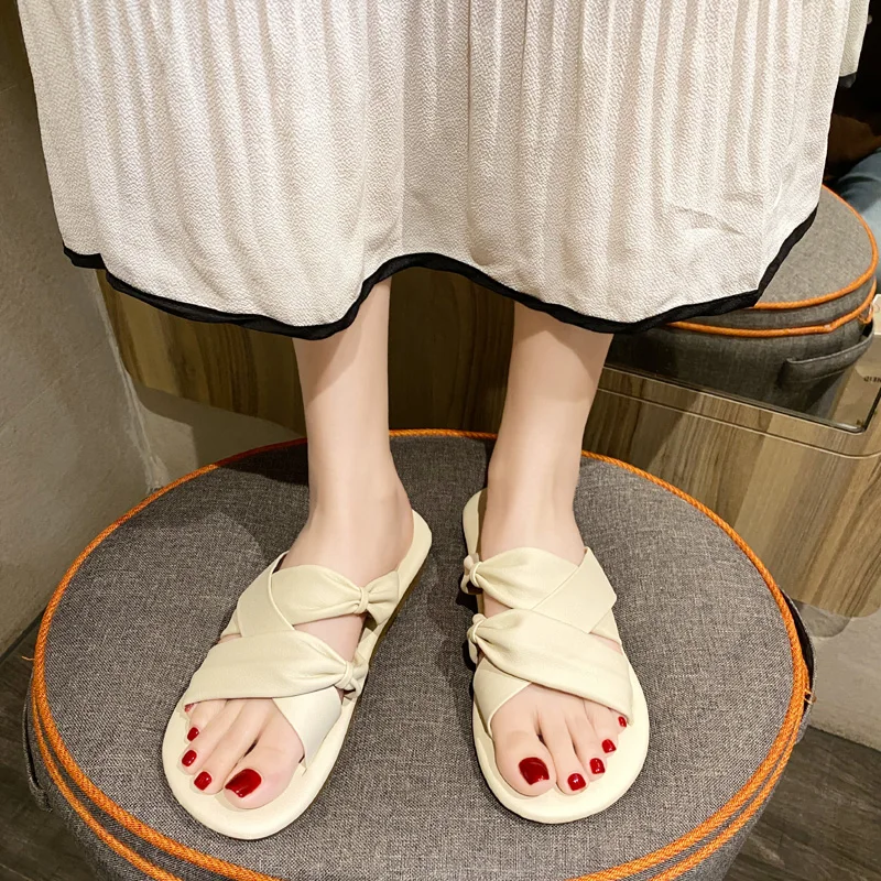 

Slippers Casual Shoes Butterfly-Knot Slipers Women Shale Female Beach Slides Low Luxury Soft 2021 Sabot Flat Rubber Butterfly-kn