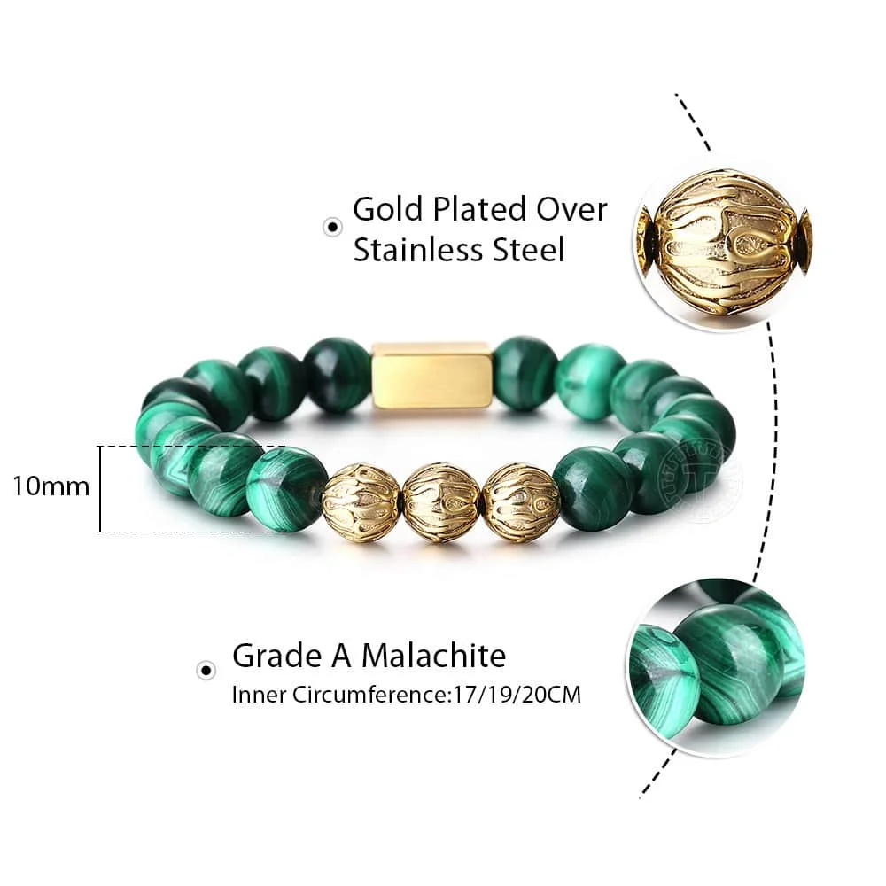 Grade A Malachite Trendsmax 10 мм натуральный камень бусина растягивающийся браслет для мужчин и женщин драгоценный камень тигровый глаз шарик шарм Настройка браслет с гравировкой PZ017 - Цвет камня: Grade A Malachite